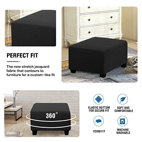 Image of H.VERSAILTEX Square Ottoman Covers Ottoman Slipcovers Folding Storage Stool Furniture Protector Form Fit with Elastic Bottom, Stretch High Spandex Small Checks Jacquard Fabric(Large,Black)