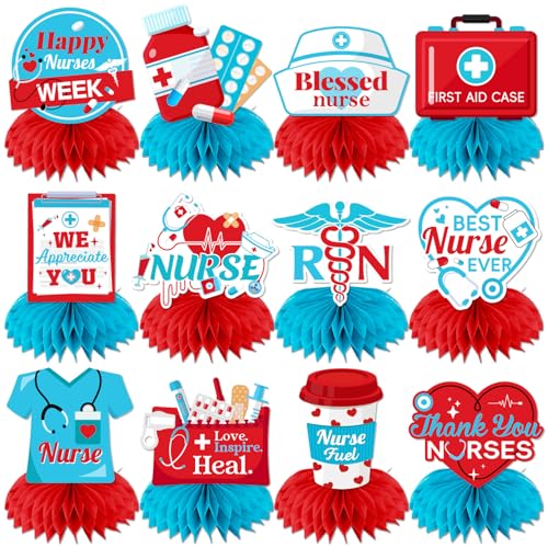 12Pcs Happy Nurses Week Honeycomb Centerpieces Nurse Week Decorations Thank You Nurses Table Centerpieces with We Appreciate You Sign Nursing Graduation Party Supplies for Nurse Day CNA/CRNA/RN