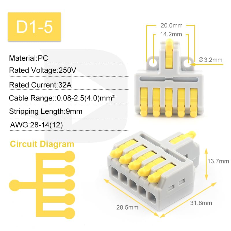 1 in Multiple Out Lever Wire Connectors 28-12 AWG Push-in Compact Splicing Wiring Terminals Quick Disconnects Home Junction Box(D1-5Y)