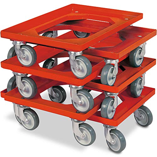 Lot de 6 trottinettes de transport pour conteneurs 600 x 400 mm, capacité de charge 250 kg, rouge