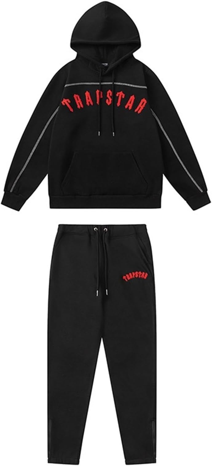 Embroidered Trapstar Tracksuit for Men and Women, Unisex Trapstar Shooters Suit, 2 Piece Sports Jogging Set Autumn Winter, Fleece Hooded Sweatshirt and Pants (Color : 8838 black, Size : X-Larg