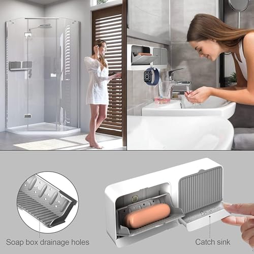 Image of Wall Mounted Soap Holder with Lid and Drain Tray, Double Compartment Soap Box with Adhesive Sticker Installation, Bathroom Soap Storage Case with Hanging Hook