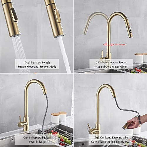 Robinet mitigeur de cuisine or brossé pour évier moderne - 6