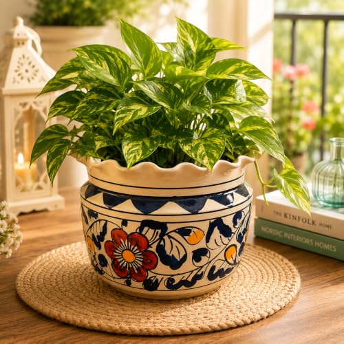 Image of Niyara Designer Ceramic planters pots for Indoor Outdoor Home, Garden Office Decor Balcony Planters Gamla Flower Size- Large, 8 inches (Blue)