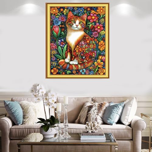 Image of Foxnyart Stamped Cross Stitch Kits Full Range of Embroidery Needlework Starter Kits for Beginners Adults 11CT Embroidery Patterns Art Crafts DIY Needlepoint Kit-Colorful Flower Cat 16x20 inchs