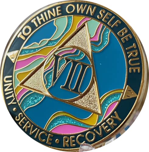 7 Year AA Medallion Elegant Marble Tahiti Teal Blue and Pink Gold Plated Chip