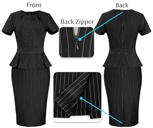 Image of VFSHOW Womens Pleated Crew Neck Peplum Work Business Office Church Bodycon Pencil Sheath Dress