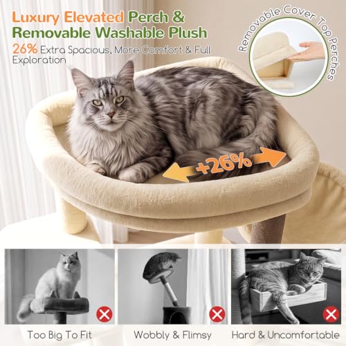 Image of Globlazer Tall Cat Tower for Indoor Adult Cats, 72-inch, S72G, Beige | Heavy Duty Cat Tree House for Big Cats with 2 Extra-Large Padded Platform, 7 Sisal Scratching Posts, 3 Large Condos
