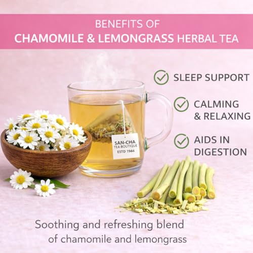 Image of SAN-CHA Tea Boutique Pure Chamomile Herbal Tea Bags, Caffeine Free (Pack Of 15) Pyramid Tea Bags,100% Biodegradable, Plastic Free Tea Bags, Sleep Tea, Bed Time Tea, 20 Gram