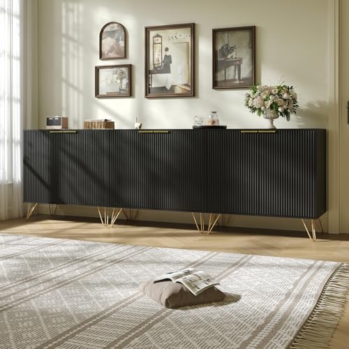 Sscaktu Fluted Storage Cabinet, 2 Doors Sideboard Buffet Cabinet, Modern Wood Accent Table with Adjustable Shelves, Console Table for Living Room, Hallway, Entryway, Black