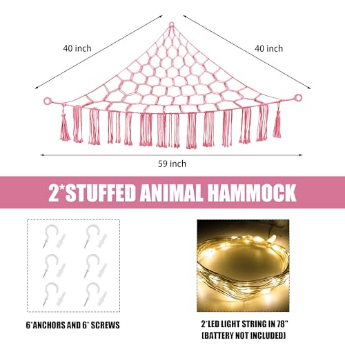 Image of CERETIA Stuffed Animal Hammock with LED Light, Large Stuffed Animals Storage Corner Plushie Net for Kids Room Decor, 2 Packs Pink