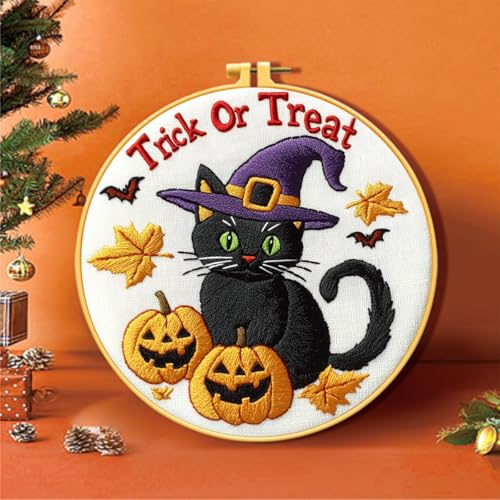 Image of Zhenqing Halloween Black Cat Embroidery Kit for Beginners, Trick or Treat Witch Cat Needlework Kit with Pre-Printed Cotton Fabric, Hoop, Threads & Tools, Spooky DIY Decor (C0118)