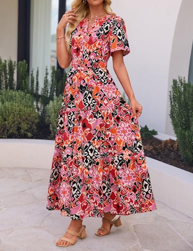Image of ZESICA Women's 2026 Summer Spring Floral Boho Maxi Dresses Casual Short Sleeve V Neck A Line Flowy Beach Vacation Dress