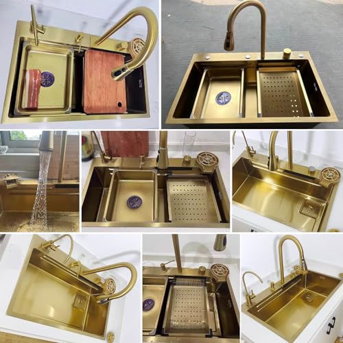 Fregadero de cocina dorado ergonómico para lavar recipientes grandes con cascada útil 8
