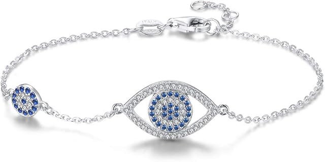 Blue Evil Eyes Link Bracelet Sterling Silver 925 Cubic Zirconia Chain Adjustable 7"