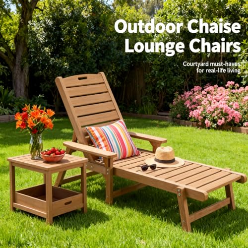 Image of Psilvam Chaise Lounges Set of 2, Lounge Chairs with Adjustable Backrest, Supports Up to 350 lbs, All Weather Recliner Poly Lumber Lounges Bed for Poolside, Porch, Patio(Light Brown)