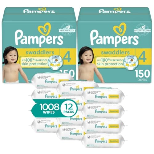 Image of Pampers Swaddlers Disposable Baby Diapers Size 4, 2 Month Supply (2 x 150 Count) with Sensitive Water Based Baby Wipes 12X Multi Pack Pop-Top and Refill (1008 Count)