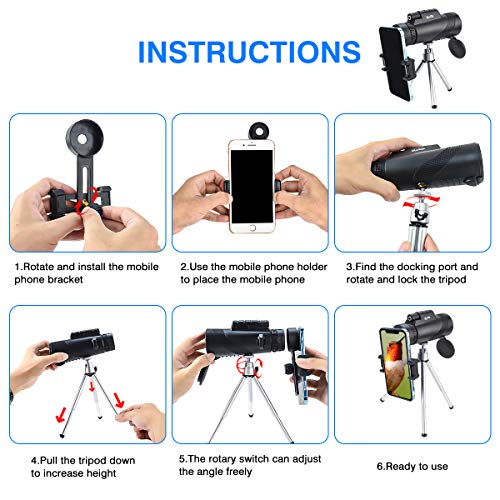 Newseego 50x60 High Definition Monokular Teleskop,Super Zoom Monokular Spyglass mit Smartphone Halter Stativ FMC… – Bild 8