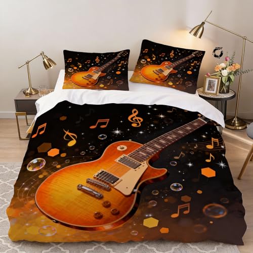 Funda de Edredón 240x260 cm Guitarra Niño Niña Chico 3 Piezas Juego de Cama Microfibra Elementos de Música Fundas Nordicas con 2 Fundas de Almohada