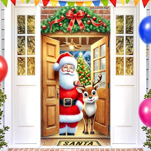 Image of BlissYard Christmas Door Banner Reindeer 35x71 Inch Polyester