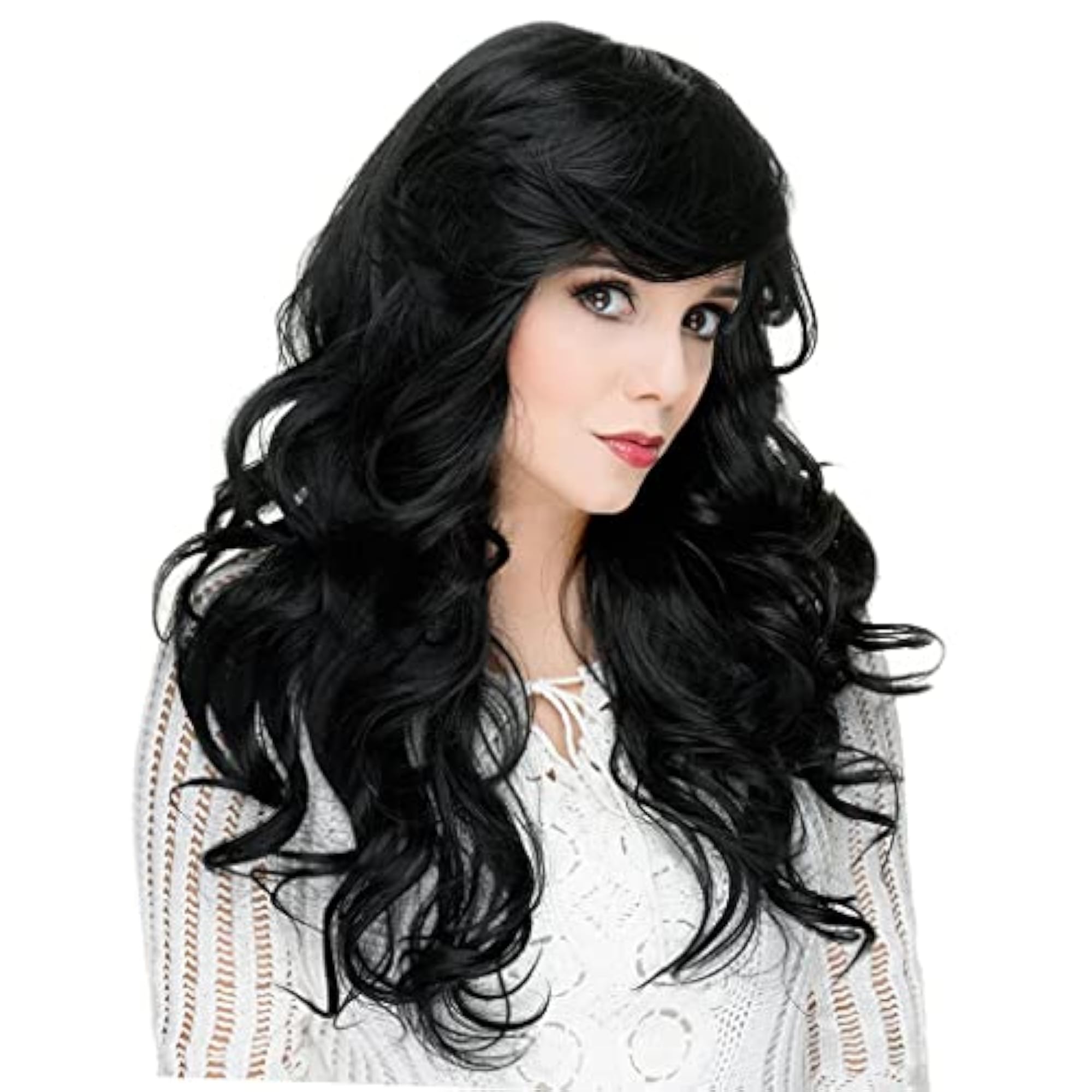22" Black Long Wavy Curly Real Human Hair Full Wig