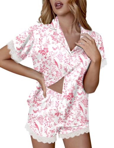Image of Ekouaer Womens Lace Satin Pajama Set Button Down Pj Shorts Set Bridesmaids Getting Ready Outfits Casual Sleepwear XS-XXL