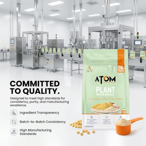 Image of AS-IT-IS ATOM Plant Protein Complex: 26g Protein,1 Kg, Cafe Latte - Clean, Easy to Digest | Complete Protein with Added Amino Acids, Ashwagandha & DigeZyme
