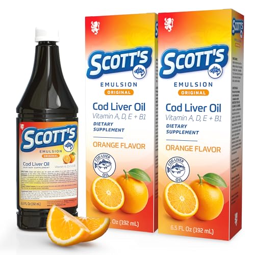 SCOTTS EMULSION Original Cod Liver Oil Omega 3 Fish Oil with Vitamin D Supplement for Immune Brain and Growth Support Orange Flavor 6.5 Fl Oz Bottles Kid-Friendly Taste 2-Pack