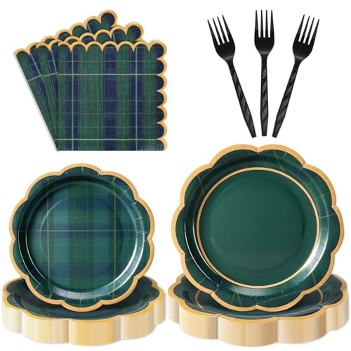 Whaline 100 Pcs Green Blue Tartan Tableware Sets Serves 25 Guests Plaid Scalloped Plates Napkins Forks Disposable Dinnerware for We Can Bearly Wait Party Birthday Baby Shower Decorations Supplies