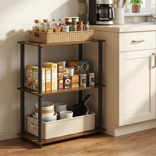 Image of Furinno Turn-N-Tube Storage Shelves, 3-Tier Book Shelf, Corner Shelf, Toolless Open Shelves, for Organization and Storage, Living Room, Garage, Home Office, Amber Pine