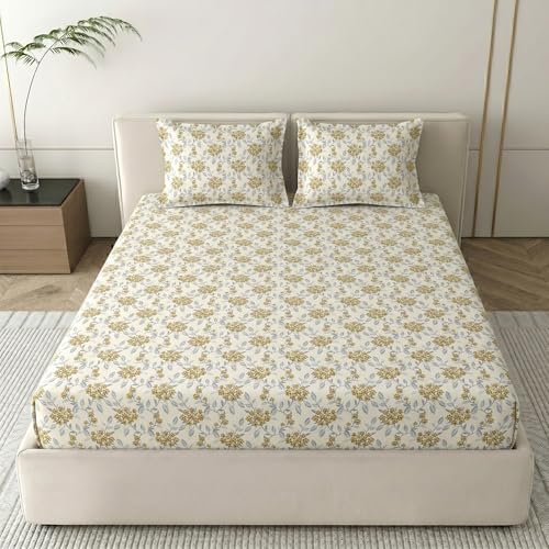 Image of Mafatlal 186 TC Grace Pure Cotton Double Size Bedsheet | 90 x 100 Inch | Soft Breathable Cotton Bed Sheet Set with 2 Pillow Covers | Antique Gold