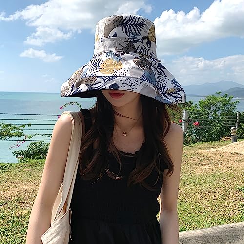 Image of HUAMULAN Women Sun Hat Summer Bucket Beach Boonie Cotton Cap Wide Brim UPF 50