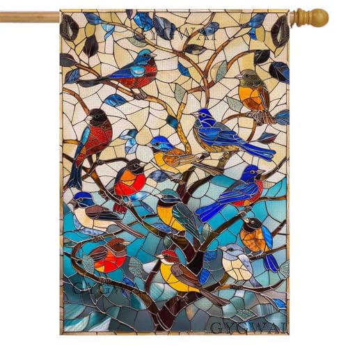 Spring Birds House Flag 28x40 Double Sided Stained Glass Large Outdoor Welcome Burlap Yard Flag for Outside Farmhouse Decor