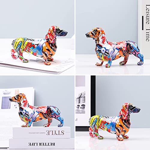 Kreative bemalte bunte Dackel Hund Dekoration Zuhause Modern Weinschrank Büro Dekor Desktop Harz Handwerk Miniaturen Statue (21,8 x 7,9 x 14 cm)