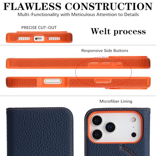 Image of Detachable Genuine Leather Case for iPhone 17 Pro Max Wallet Case Magnetic 2in1 Removable Flip Cover Book Purse Compatible with Magsafe Charging Kickstand Card Holder-Navy Blue+Orange