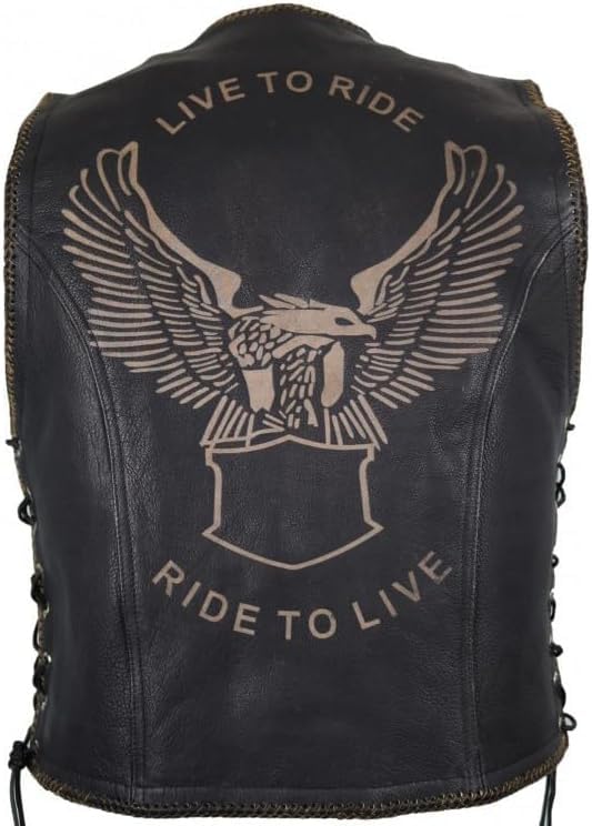 MDM Gilet in Pelle da Moto Uomo con Incisione Laser Teschio – Biker Nero Senza Maniche con Fibbia e Lacci Laterali