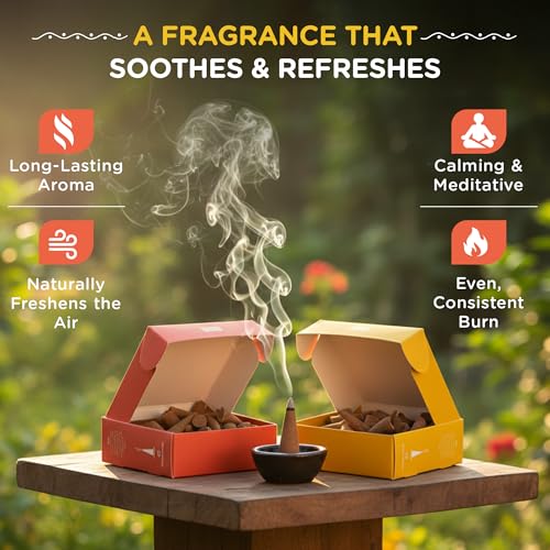Image of HelpUsGreen Natural Dhoop Cones Eucalyptus and Nagchampa (80 Cones Pack of 2)|Charcoal Free Organic Incense Cones|Low Smoke Long Lasting Incense for Pooja Meditation Aromatheraphy|Free Ceramic Holder