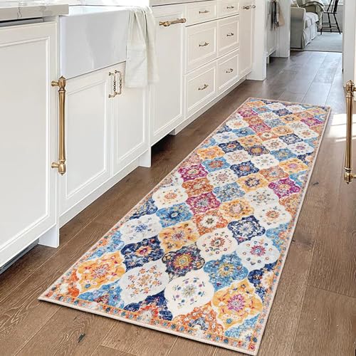 KILOCOCO 2x6 Runner Rug, Moroccan Super Soft Washable Hallway Entryway Runner Rug, Accent Print Faux Wool Kitchen Runner Rug 6 Feet Non-Slip Boho Rug Runners for Laundry Room Bedroom, Colorful