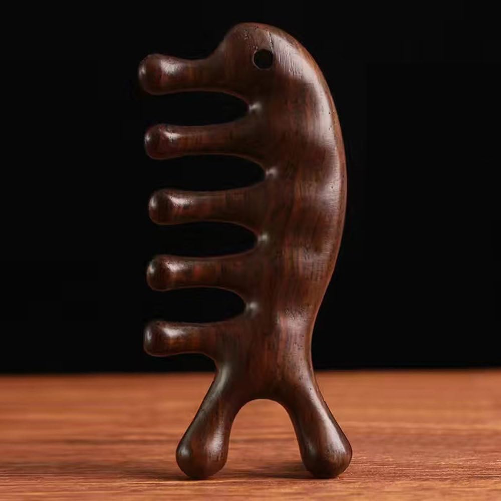 Sandalwood Massage Meridian Comb Head Massage Comb Head Hair Therapy Acupoint Dredge Scraping (5 Teeth with bionic two fingers)
