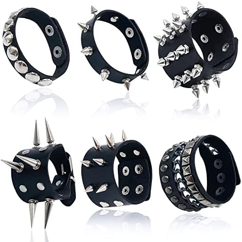 Qinsihwn 6 Pieces Punk Studded Bracelet,Leather Rivet Spike Bracelet Cuff,Adjustable Black Leather Wristband,Goth Accessories for Men Women Halloween