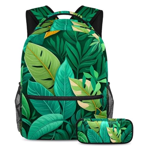 Sac à dos Feuille d'été tropicale verte cartable scolaire large avec trousse