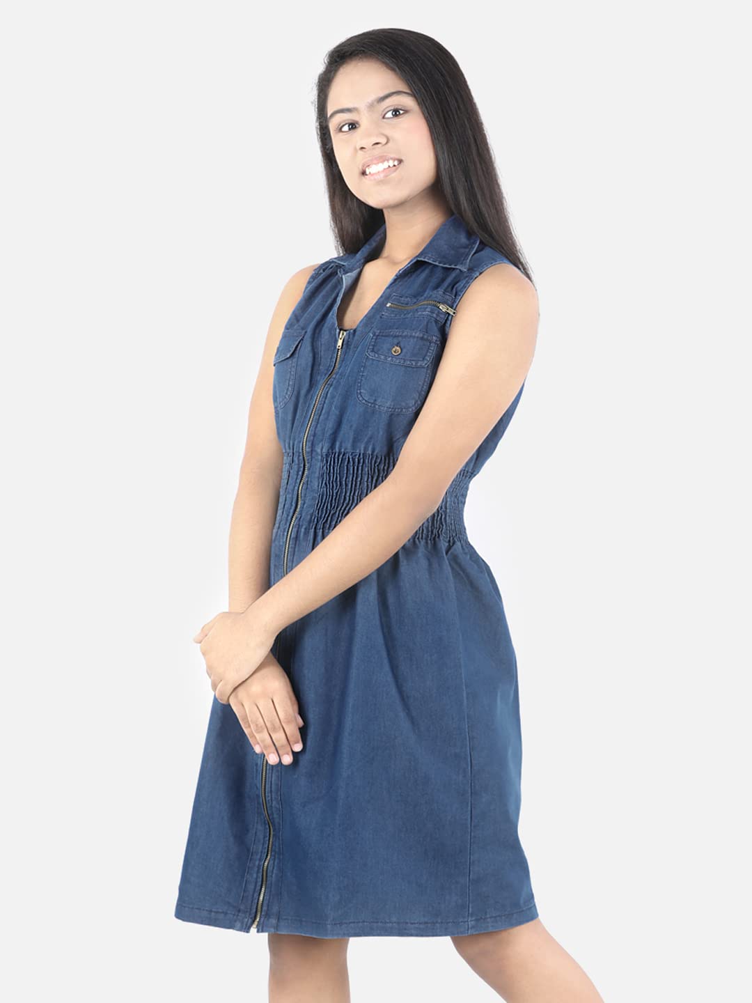 StyleStone Girls Denim Smocked Waist Front Zip Dress (9399ZipDress12-13) 1