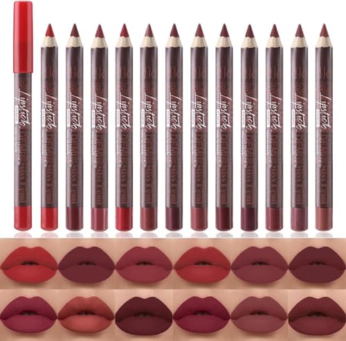Teekerwang 12Pcs Nude Matte Lip Liner Crayon Pencil Set, Thick 24 Hour Long Lasting Waterproof Lip Liner Pencil, Matte Lipstick and Lip Crayon Pen for Women (B Set)