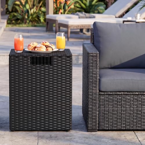 Tangkula Wicker Propane Tank Cover Table, 20 LB Gas Tank Holder Storage Box with Flip Lid & Adjustable Foot Pads, 16" Outdoor Rattan Hideaway Table for Gas Fire Pit, Grill, Griddle & Stove (Black) — view 8