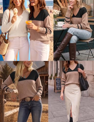 Image of Zeagoo Womens Sweaters Fall Trendy Casual Long Sleeve Shirt Lightweight V Neck Off Shoulder Crochet Pullover Top Outfit