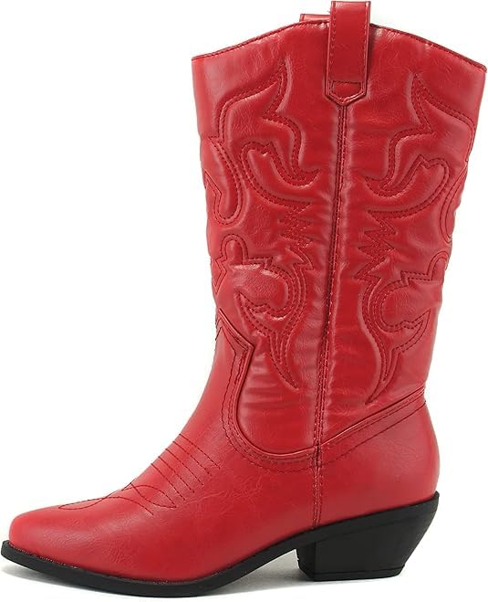 SODA RENO-2 Kids/Girls/Children Western Cowboy Stitched Pointe Toe Low Heel Ankle Mid Shaft Fashion Boots,Red Pu 11