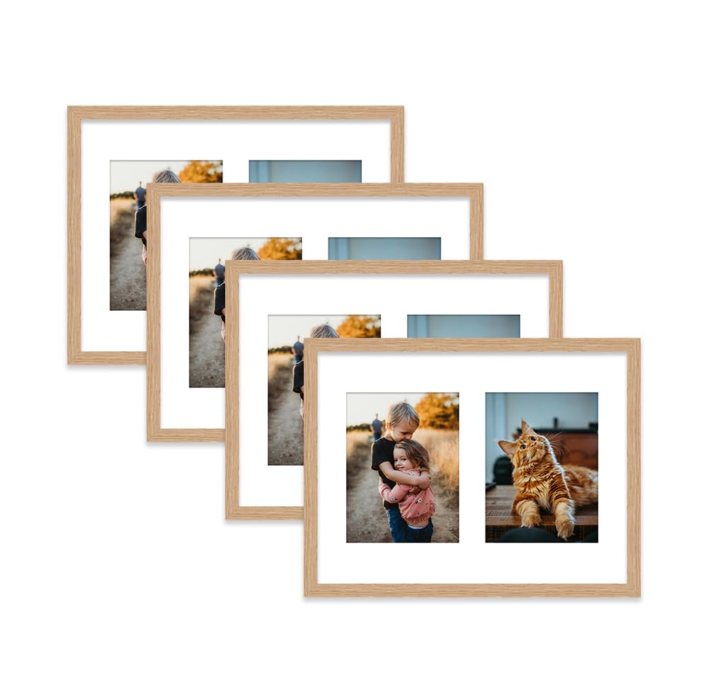 Oak Multi Photo Frame - Holds 2 x 8x6 Pictures, Family Collage Picture Frame for Wall Display, 16x12 Frame size, Set of 4