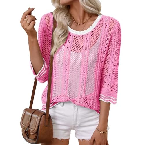 LOMON Womens Summer 3/4 Sleeve Sweater Scoop Neck Casual Crochet Hollow Out Knit Tops Pullover Shirts Blouse Pink Stripe Large