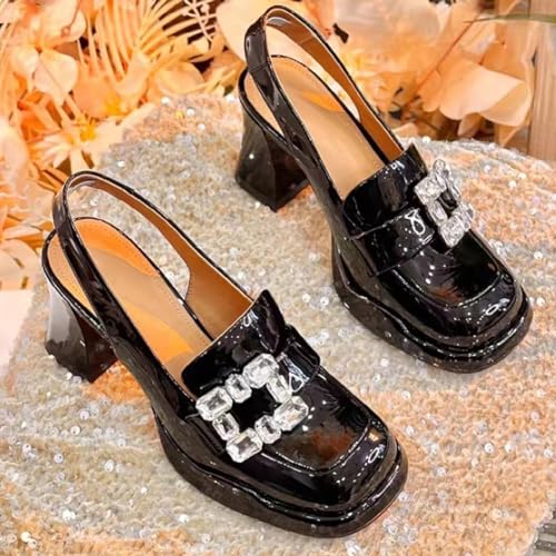 Slingback Pumps for Women Closed Square Toe Block Heel Rhinestone Mary Jane Shoes4