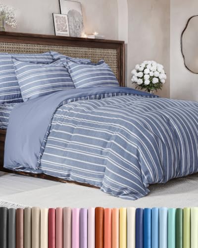 Image of Duvet Cover King Size - 3 Piece Set with Zipper Closure - Blue Stripes | Extra Soft King Duvet Cover 104 inch x 90 inch with 2 Pillow Shams, Hotel Luxury w / Zipper Closures & Ties, Comfy & Breathable, Comfy